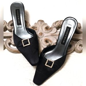 Jennifer Moore black rhinestone embellished mules.